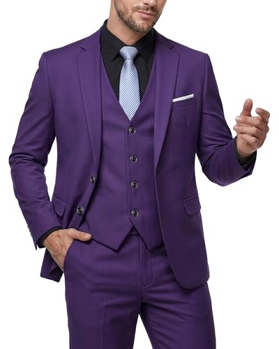 Image of MY'S Men's 3 Piece Slim Fit Suit Set with Tie, 2 Button Blazer Jacket Vest & Pants, Business Wedding Party Prom Suit for Men