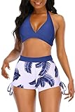 Womens High Waisted Swimsuits with Boy Shorts Brazilian Triangle Top Halter Bikini Sets Tummy Control Two Piece Bathing Suits Blue Feather L