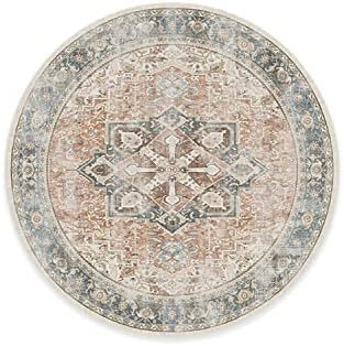 RUGGABLE Washable Vintage Area Rug – Kamran Coral 8 ft Round, Stain-Resistant, Non-Slip – Large Machine Washable Rugs for Living Room, Bedroom, Hallway, Entryway & Office–with Standard Pad