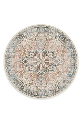 RUGGABLE Washable Vintage Area Rug – Kamran Coral 8 ft Round, Stain-Resistant, Non-Slip – Large Machine Washable Rugs for Living Room, Bedroom, Hallway, Entryway & Office–with Standard Pad