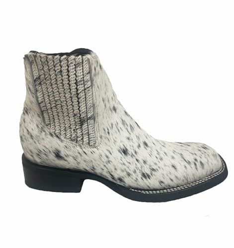 Dona Michi Men's Western Cowboy Chelsea Cow Hair Leather Rodeo Square Toe half ankle boots Botines Vaqueros Pelo de Vaca White/Black Pattern Varies