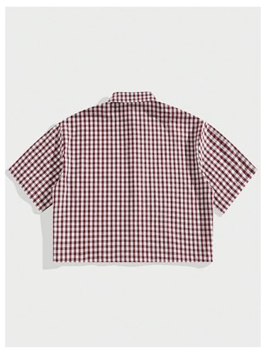 SHENHE Men's Plaid Button Down Short Sleeve Cropped Shirt Gingham Collared Shirt Top2
