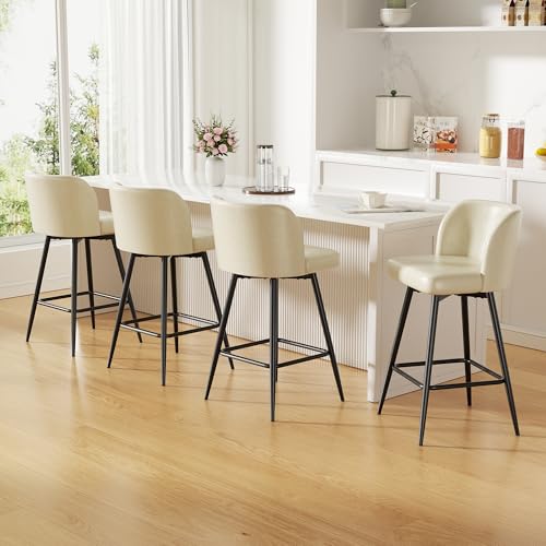 Image of Swivel Bar Stools Set of 4, 26 inch Counter Height Bar Stools with High Back and Metal Legs, Faux Leather Bar Chairs, Modern Barstools for Kitchen Island, Beige