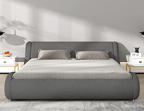 Sha Cerlin King Size Bed Frame Luxury Wave-Like Modern Upholstered Low Profile Platform Bed, Linen Sleigh Bed With Adjustable Headboard, No Box Spring Needed, Grey #TOP2
