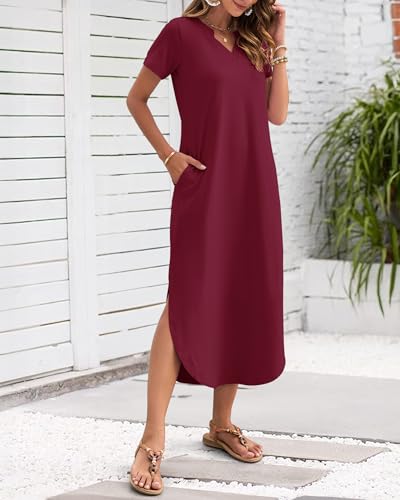Image of MISFAY Women's Summer Maxi Dress 2026 Casual Short Sleeves V Neck Loose Sundress Split Long Beach T Shirt Dress