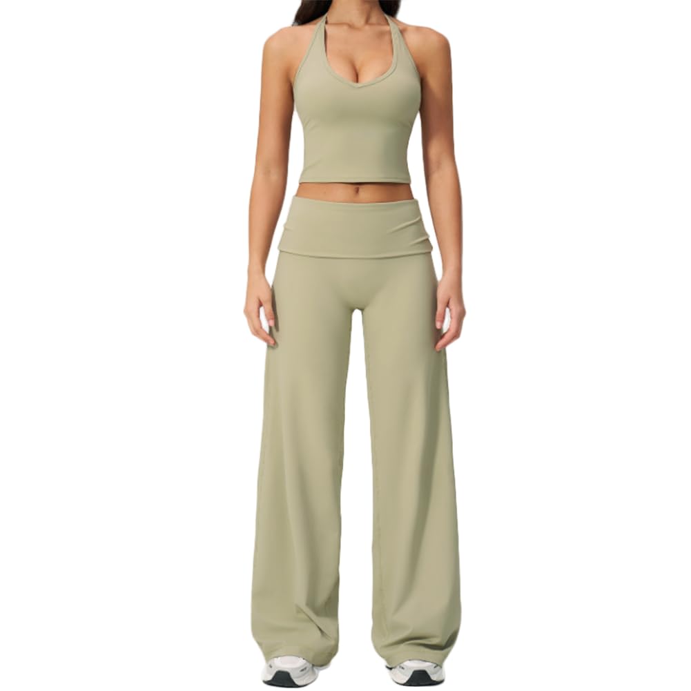JPXJGT Women's 2pcs Lounge Set Gym Crop Top Flared Yoga Pants Workout Leggings Yoga Sweatsuit Casual Outfits Set(Size:XL,Color:Green)