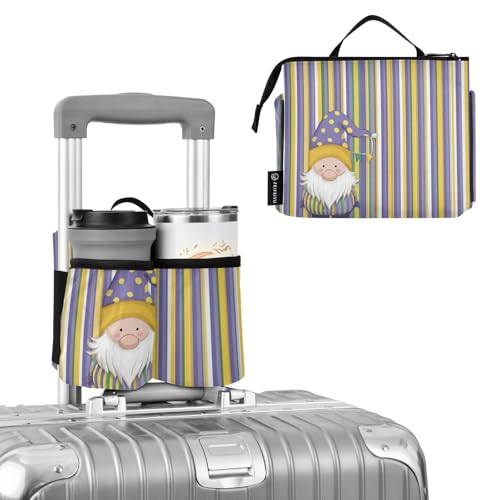 Image of Luggage Cup Holder for Suitcases Free Hands Suitcase Cup Holder Travel Luggage Drink Holder Portable Luggage Cup Caddy Bag Carrier with Handle Stripe Mardi Gras Gnome
