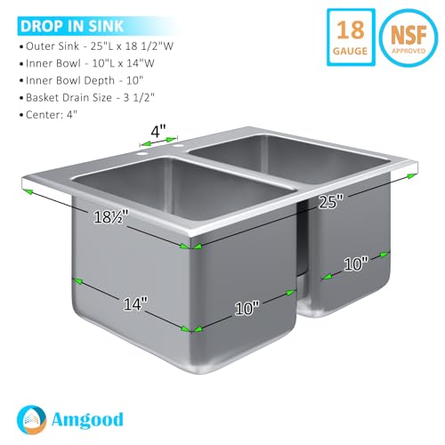 Image of Stainless Steel 2 Compartment Drop-In Sink. Bowl 10 in. x 14 in. x 10 in. No Faucet