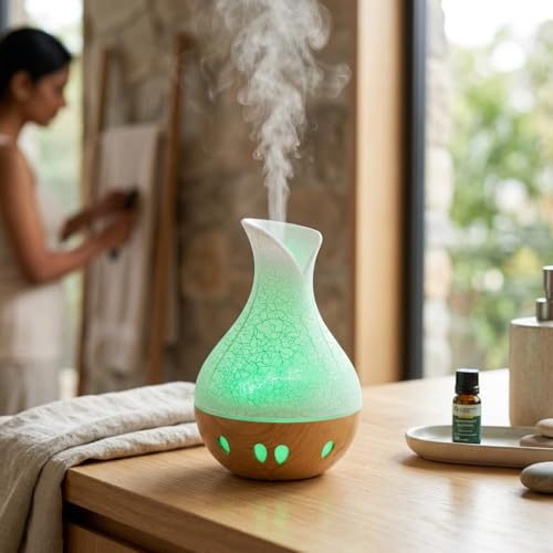 Image of Lakshiv Aroma Diffuser Humidifier for Room & Home with LED Light | Ultrasonic Cool Mist Air Humidifier for Bedroom | Essential Oil Diffuser | Wood Grain Finish | 30ml | Touch Operation (White Crystal)