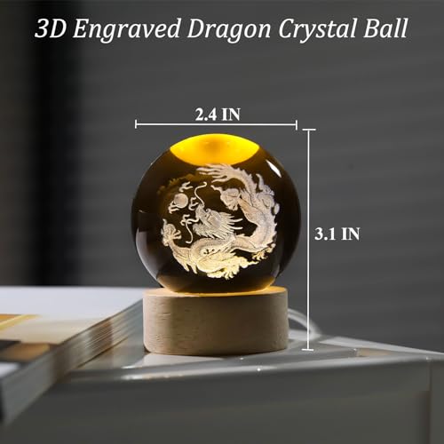 Image of Arikyrist 3D Dragon Figurines Crystal Ball with Wooden Base, 3D Laser Engraved Dragon Statue Decorative Glass Balls Paperweight Crystal Chinese Dragon Figurines Decor Gifts for Women