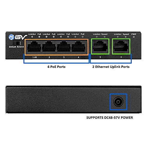 Bv-Tech 6 Port Poe+ Switch (4 Poe+ Ports With 2 Ethernet Uplink And Extend Function) – 60W – 802.3At + 1 High Power Poe Port| Desktop Fanless Design | Sturdy Metal Housing #TOP1