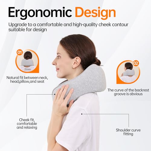 MANXUEKAI Travel Neck Pillow 100% Pure Memory Foam Travel Pillow for Sleeping on Airplane,Car,Train,Bus,Office and Home Use,Washable Soft Cotton Cover，Gifts-Light Grey — view 6