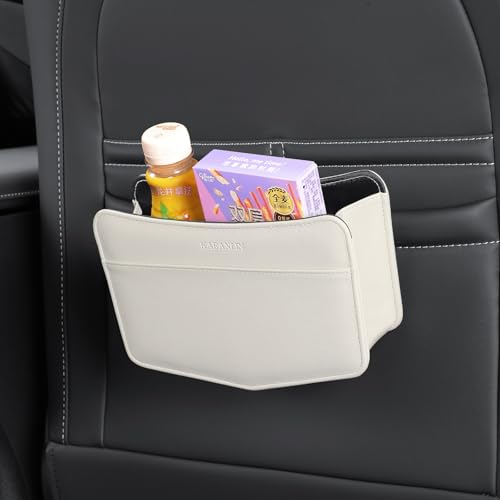 Image of Car Trash Can Small Leather Vehicle Trash Bin Car Dustbin Garbage Organizer Holder with Trash Bag Foldable Mini Cars Storage Bag Container for Auto SUV Van Trucks (White,Clip on)
