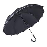 Auto Open 16 Rib Stick Umbrella, High Density 230T Pongee, Rubberized J Handle, Soft End Cap, Windpr