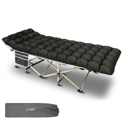 YELLOW JACKET Camping Cot with Mattress for Adults, Folding Sleeping Cot 600lbs Max Load, Portable Camping Cot with Carry Bag, 28" Wide Cot for Camping, Home,Office,Travel (Black)