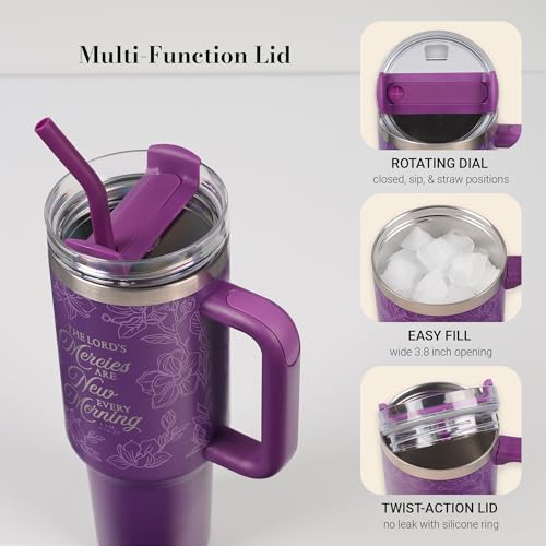 Image of Christian Art Gifts Extra Large Inspirational Scripture Engraved Insulated Stainless Steel Travel Tumbler for Women: Mercies Are New Twist Dial Lid, Reusable Straw & Silicone Tip, Purple Floral, 40 oz