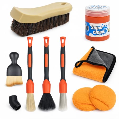 TOWBRUS 9PCS Car Detailing Brush, Horse Hair and Boar Bristle Brush Set with Elbow Adapter, Microfiber Wax Applicator Pads, Drying Towel and Cleaning Gel,Cleaning Kit for Interior Exterior