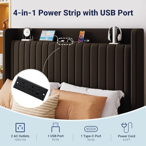 Image of Allewie Full Size Lift Up Storage Bed Frame,Storage Shelf Headboard with Charging Station,Type-C and USB Ports,Hydraulic Support,Velvet Upholstered Bed Frame,No Box Spring Needed,Black