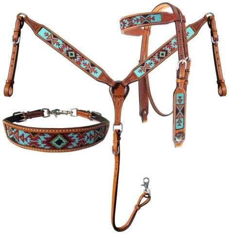 Showman Argentina Cow Leather Headstall & Breast Collar Set w/Aztec Beaded Inlays