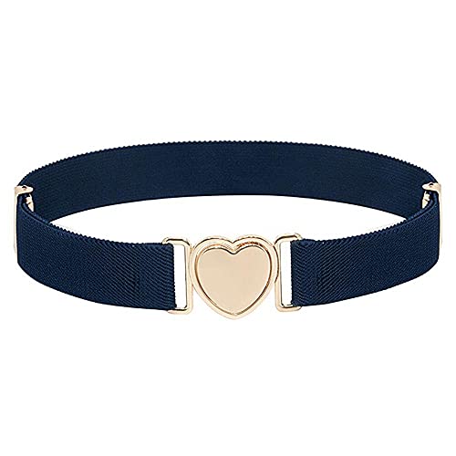 Kids Nickel Free Blets, Simple Elastic Alloy Canvas Girl Punch-free Waistband Heart Shape Buckle Children Stretch Belts Waist Belt(navy blue)