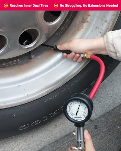 ATsafepro Tire Inflator with Gauge, 10-160 PSI, 12-Inch Extended Straight Air Chuck with Pressure Gauge for Dual Wheels, 1/4 NFT & Quick Plug, Tire Pressure Checker for Trucks, RVs, Trailers