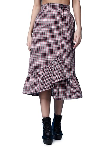 Image of POPWINGS Casual Check Print Long Flare Skirt for Women | Cotton Skirt for Women Skirt for Women