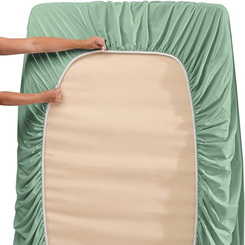 Image of Hearth & Harbor Extra Deep Pocket Twin Sheet Set, Sage Green | 4 Piece Cooling Bed Sheets Set, Ultra Soft & Breathable, Fits Up to 24 inch Mattress, Wrinkle & Fade Resistant, Hotel Luxury
