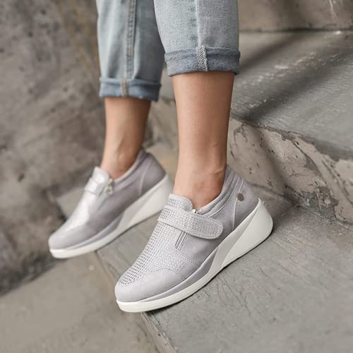 Women's Orthopedic Rhinestone Sneakers,Arch Support Walking Fashion Casual Glitter Bling Velcro Shoe (Grey,5.5) #TOP1