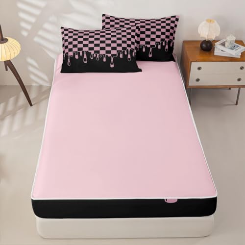 Image of Black Pink Checkered Zipper Bedding 4 Piece Comforter Set - Full Size Zip Up Comforter with Fitted Sheet & 2 Pillowcases,Checkerboard Drip Indie Aesthetic Funky Geometric Bed in a Bag for Kids