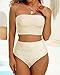 High Waisted Bandeau Bikini Set - Women Strapless Two Piece Swimsuits Ribbed Longline Full Coverage Bathing Suits Swimwear Beige