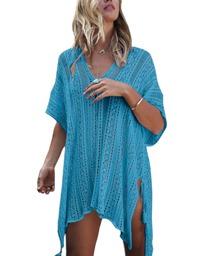 shermie Swimsuit Cover Ups for Women Short Sleeve V Neck Side Slit Loose Casual Mesh Knit Crochet Top