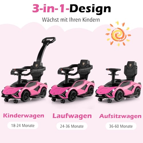 COSTWAY 3-in-1 Lamborghini Rutschauto, Schiebauto mit Scheinwerfern & Musik & Stauraum, Rutschfahrzeug mit abnehmbaren Schiebegriff & Universalrädern, Rutscher Auto für Kinder ab 1 Jahr (Rosa) – Bild 4