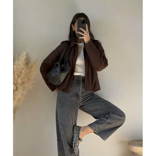 Women's Faux Suede Bomber Jacket, Oversized Cropped Zip Up Lapel Pilot Coat for Spring Fall3