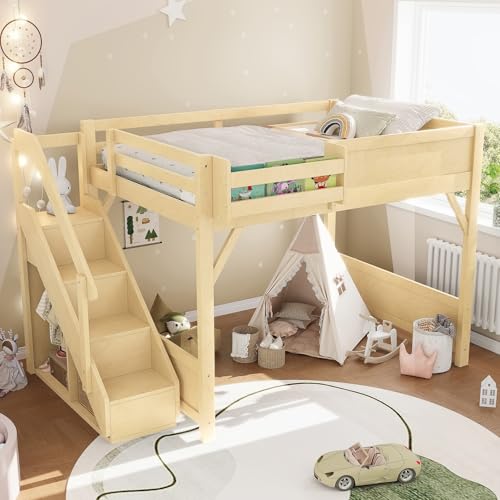 Image of KEIKI Solid Wood Full Size Loft Bed Frame with Stairs, Built-in Wardrobe and Storage Space, Full Loft Bed with Shelves, Full-Length Guardrails, No Box Spring Needed for Bedroom, Natural
