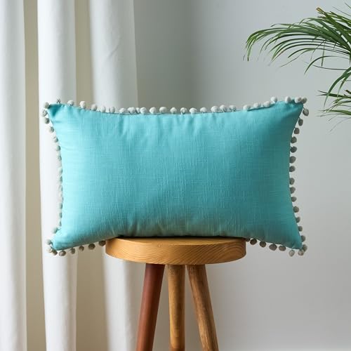 Image of 100% Cotton Pom Pom Cushion with Filler, Elegant & Modern Cushion Cover for Living Room, Rectangle, 12 inchx20 inch, uni slub, Set of 4 - Baby Blue