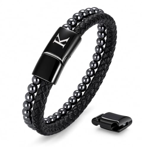 Initial Bracelet for Men, Black Hematite Beads & Braided Leather Bracelet - image 1
