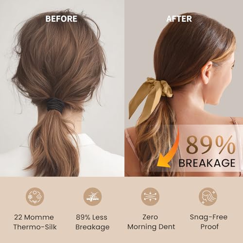 Image of THXSILK 100% Mulberry Silk Bow Scrunchies 3-Pack, 22 Momme Mulberry Silk Hair Ties for Women, Cute Bunny Ear No Damage Ponytail Holders, Fashion Hair Accessories for Girls(M, Metallic Gold)