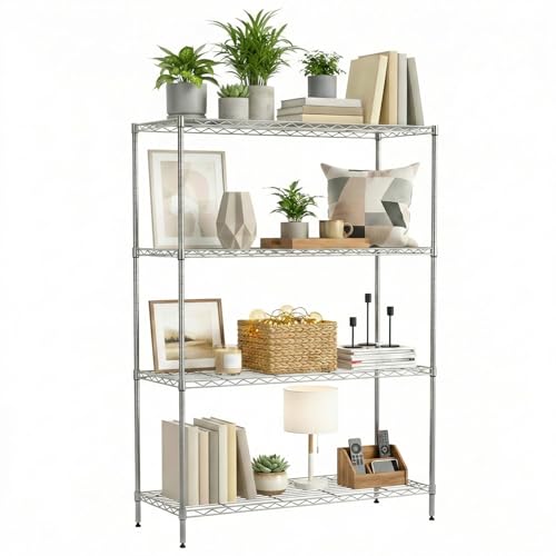 Image of BestOffice 4-Tier Wire Shelving Unit, 1000 LBS Heavy Duty Metal Storage Shelves, Adjustable Wire Shelf for Garage, Kitchen, Pantry, Utility Shelving Rack with Leveling Feet, Chrome