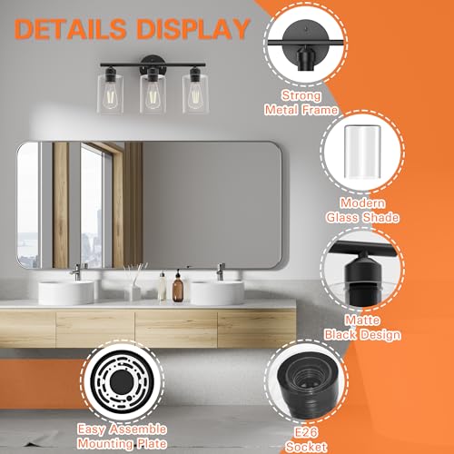Image of Bathroom Vanity Light Fixtures Matte Black Bathroom Lighting Fixture, 3 Lights Bathroom Light Fixture Over Mirror, Modern Black Vanity Light, UL Certified Wall Sconces with Glass Shades