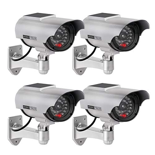 ERWEY Überwachung Solarbetriebene Kamera CCTV mit Blinkendem LED Licht Sicherheitskamera für den Innen- und Außenbereich - 4 Stück (Silber) Cover