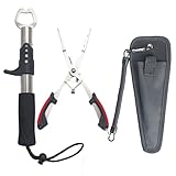 BSPIX Fishing Gear Set - Long Nose Stainless Steel Fishing Pliers 8.5', Fish Lip Gripper, Telescopic Lanyard & Sheaths - Multi-Function Saltwater Resistant Fishing Tools (red)