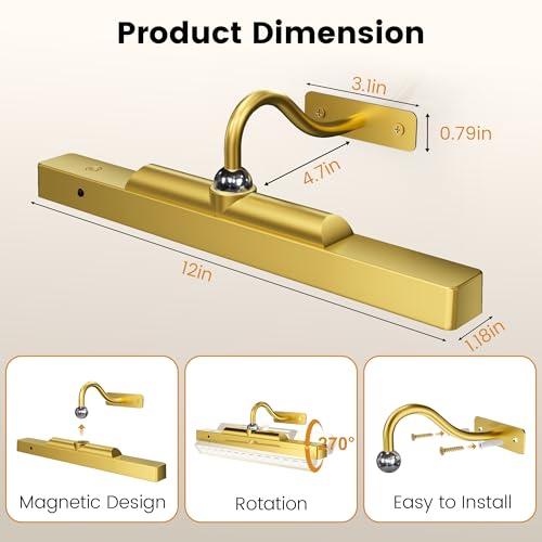 Image of Corless Picture Lights 2 Pack, 4400mAh Battery Operated Wirelesss Wall Lights Sconce, 12 inch Dimmable Remote Timer for Painting Artwork Living Room (Gold)