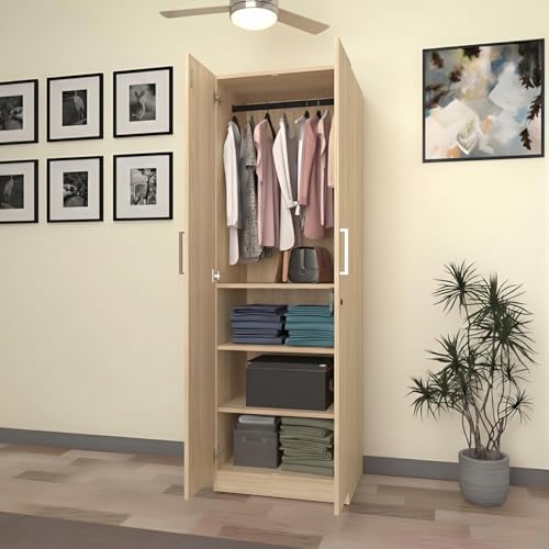 Image of Amazon Brand - Solimo Kiano 2 Door Wardrobe | 1 Hanger Rod & 4 Shelves | Cupboard | 60L x 45W x 180H CM | Wood Oak Light Finish | DIY