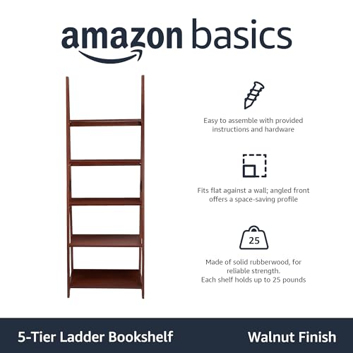 Image of Amazon Basics 5-Tier Ladder Bookshelf Storage Organizer, Solid Rubberwood Frame, Space-Saving Bookcase, Sturdy Shelves, Walnut Finish, 14 inch D x 24.8 inch W x 70.1 inch H