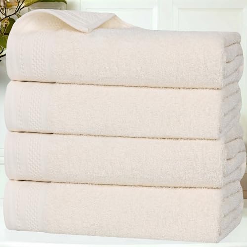 SUPERIOR Honeycomb Cotton Medium Weight Towels, for Guest Bath, Master Bathroom, Shower, Quick Dry, Adults, Home Essentials, Textured Waffle Border, Towel Set, Bath Towels, Set of 4, Ivory