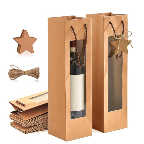Weinflaschentaschen aus 260g Kraftpapier 12er Set braune Flaschentüten (35 × 9 5 × 9 cm) extra stabil & standfest inkl. 15 Geschenkanhängern und 10 m Juteband