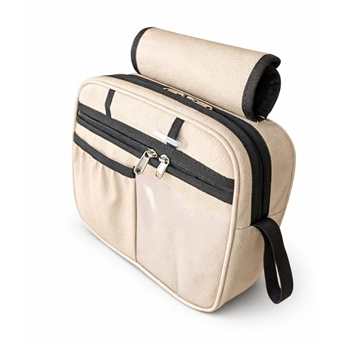 Image of Grab Handle Bag | Dashboard Grab Handle Storage Organiser Bag | 2 Compartments with Transparent Pocket | Compatible with Thar, Jimny, Gypsy, Jeep, Gurkha and other SUVs and Car | PU Leather (Beige)