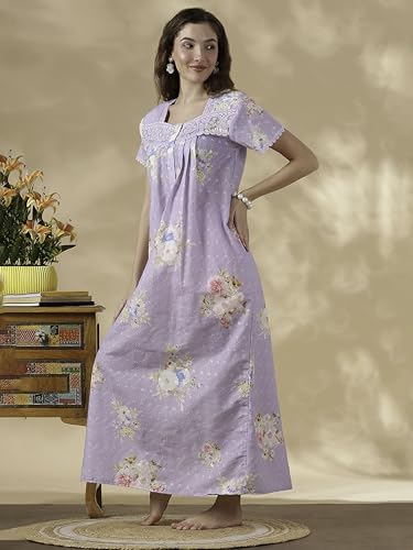 Image of 9shines Label Stylish Chikankari Cotton Nighty Maxi for Women | Full Length Nightgown | Nightdress with Pocket | Embroidery Nighty | Soft Comfortable Cotton Nightwear (1545)