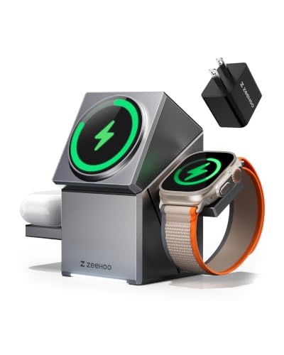 Image of ZEEHOO 3 in 1 Charging Station for Apple, Mag-Safe for iPhone Charger, Certified Rotating Wireless Charger Stand for iPhone 17,16,15,14,13,12 Series, Apple Watch, AirPods (USB-C Charger Included)
