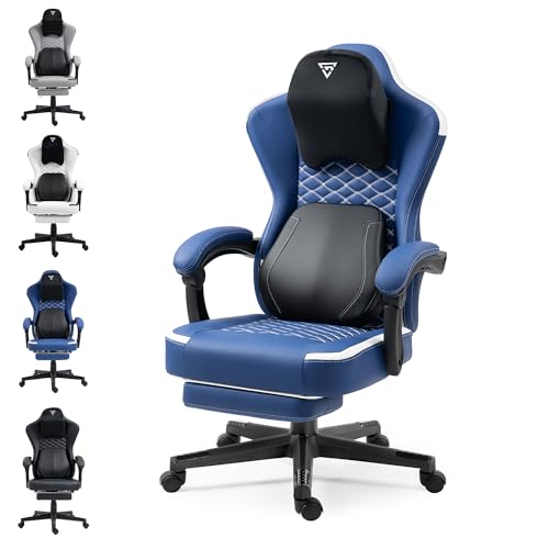 Vigosit Silla de gaming con soporte lumbar de masaje calentado, silla ergonómica para ordenador de juegos con cojín de muelles ensacados y reposapiés, silla Recliner High Back PC para adultos, azul
